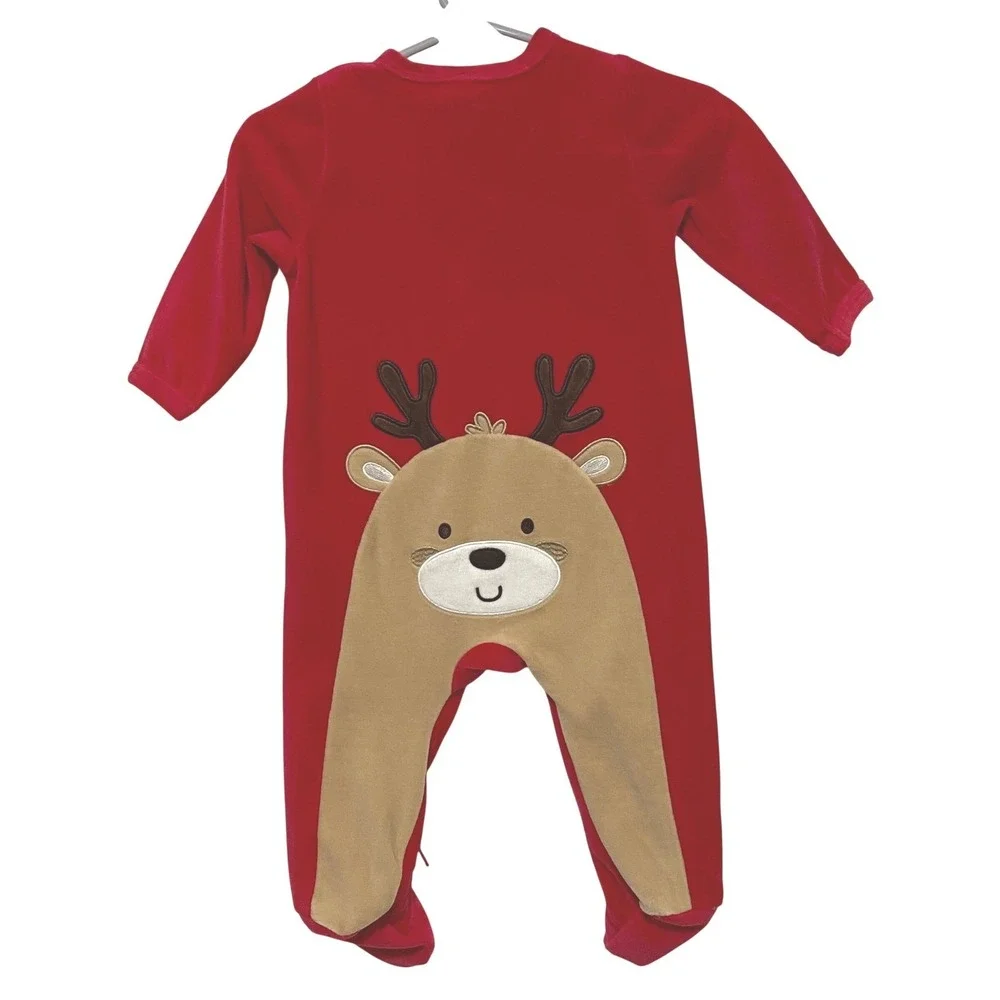 Little Me My First Christmas Sleeper 6‎ M Red Velour Reindeer Romper Playsuit